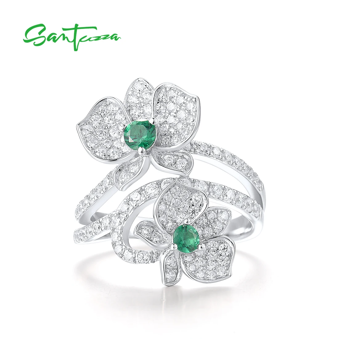 SANTUZZA Pure 925 Sterling Silver Rings For Women Sparkling White CZ Green Spinel Flower Wedding Engagement Party Fine Jewelry
