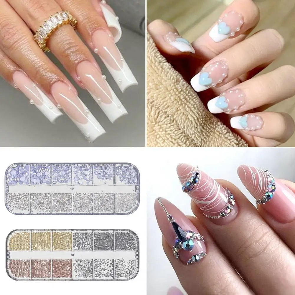 Conjunto de miçangas de unhas para mulheres, arte de unhas, pérolas falsas, estilo DIY Ins, kit de decoração para desenhos impressionantes, 12 desenhos