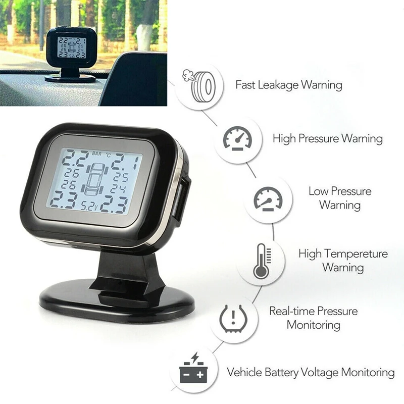 

Wireless TPMS Car Tire Pressure Monitor System LCD Screen USB Quick Charge With 4 External Sensors