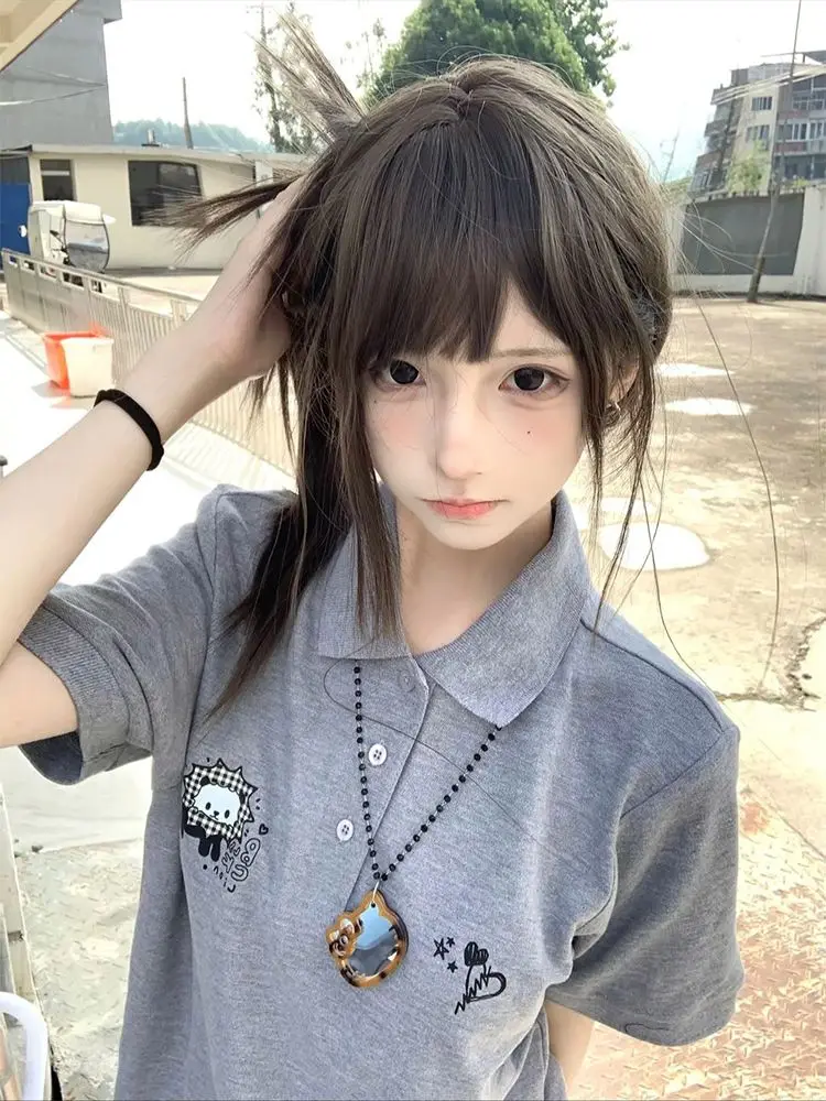 

Японские винтажные футболки в консервативном стиле с отложным воротником и короткими рукавами, футболки с мультяшным принтом, летние милые топы 2025 г., женская одежда