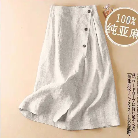 Fashionable Summer New Women Solid Color Cotton Linen Mid-length Elastic Waist Large Sway A-line Skirt