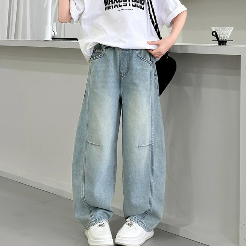 5-13 Jahre Mädchen-Jeans Neue Weite Gerade Denim-Hose Kinderkleidung Frühling Herbst Große Kinder Lässige Baumwoll-Loose-Fit-Hose
