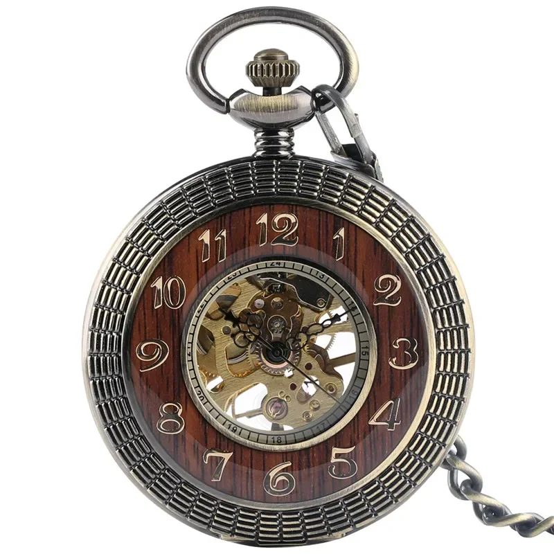 Luxury Wood Bronze Skeleton Mechanical Hand Winding Pocket Watch Roman Numerals Display Dial Half Hunter Pendant Chain Gift