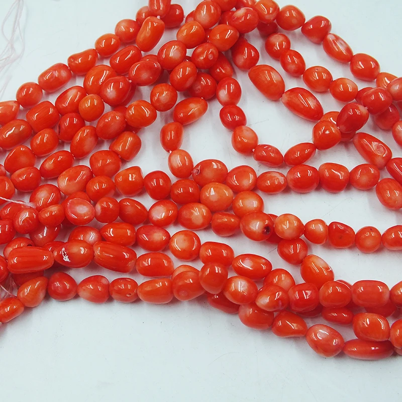 5strand 6MM hand polished high-quality irregular egg shaped natural orange coral loose beads.