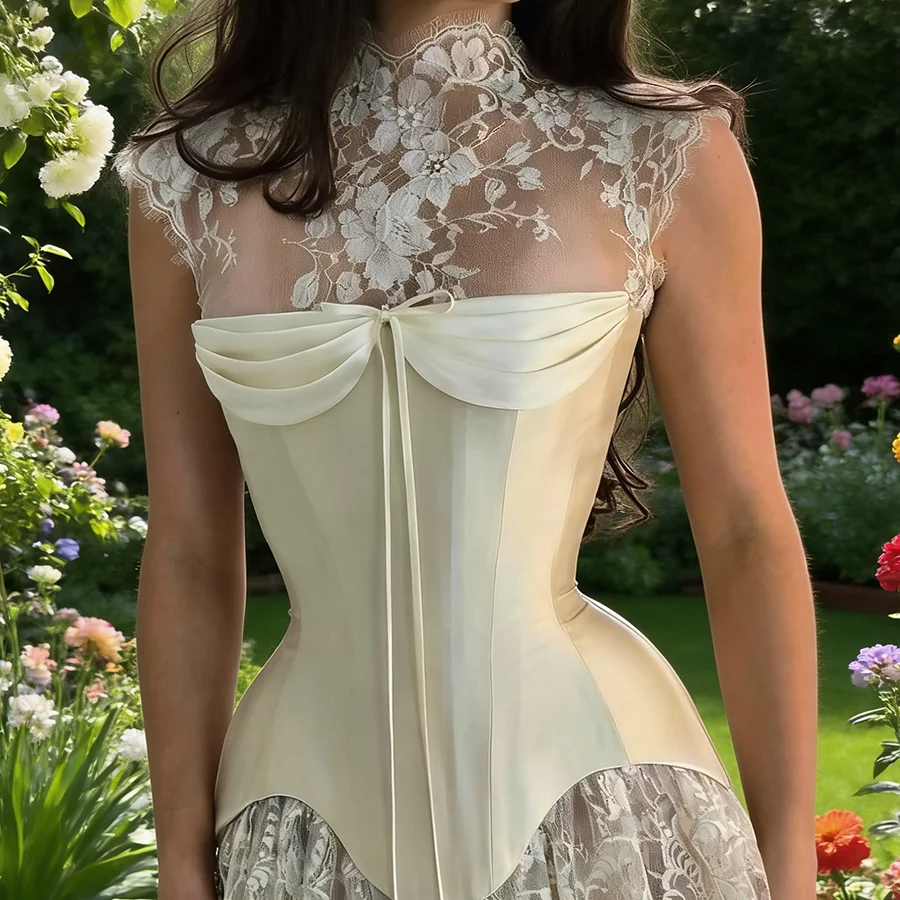 Sexy High Collar Lace Sleeveless Ruched Corset Mini Bride Wedding Dresses Bridal Gowns Customized