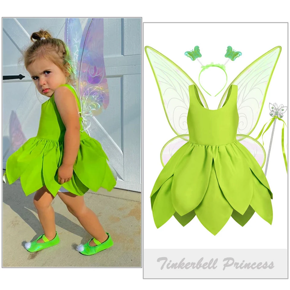 Green Fairy Princess Tinker Bell Kids Clothes Fancy Toddler Girl Dress Halloween Cosplay  Birthday Party Children's Clothing Set