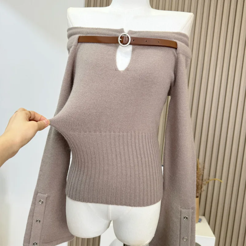 Korean Style Off Shoulder Knitted Sweater Women 2024 Fashion Casual Elegant Long Sleeve Backless Woman Slash Neck Basic Tops