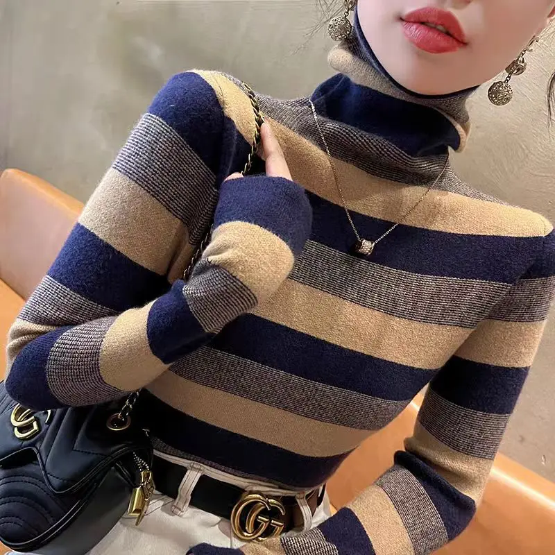 Women Clothing Vintage Striped Turtleneck Sweaters Autumn Winter New Fashion Elegant Elastic Slim Soft Wool Knitted Pullovers