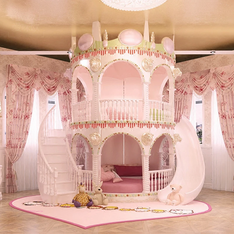 Bedroom Princess Girl Slide Children Bed , Lovely Single Pink Castle Bed Girls Furniture