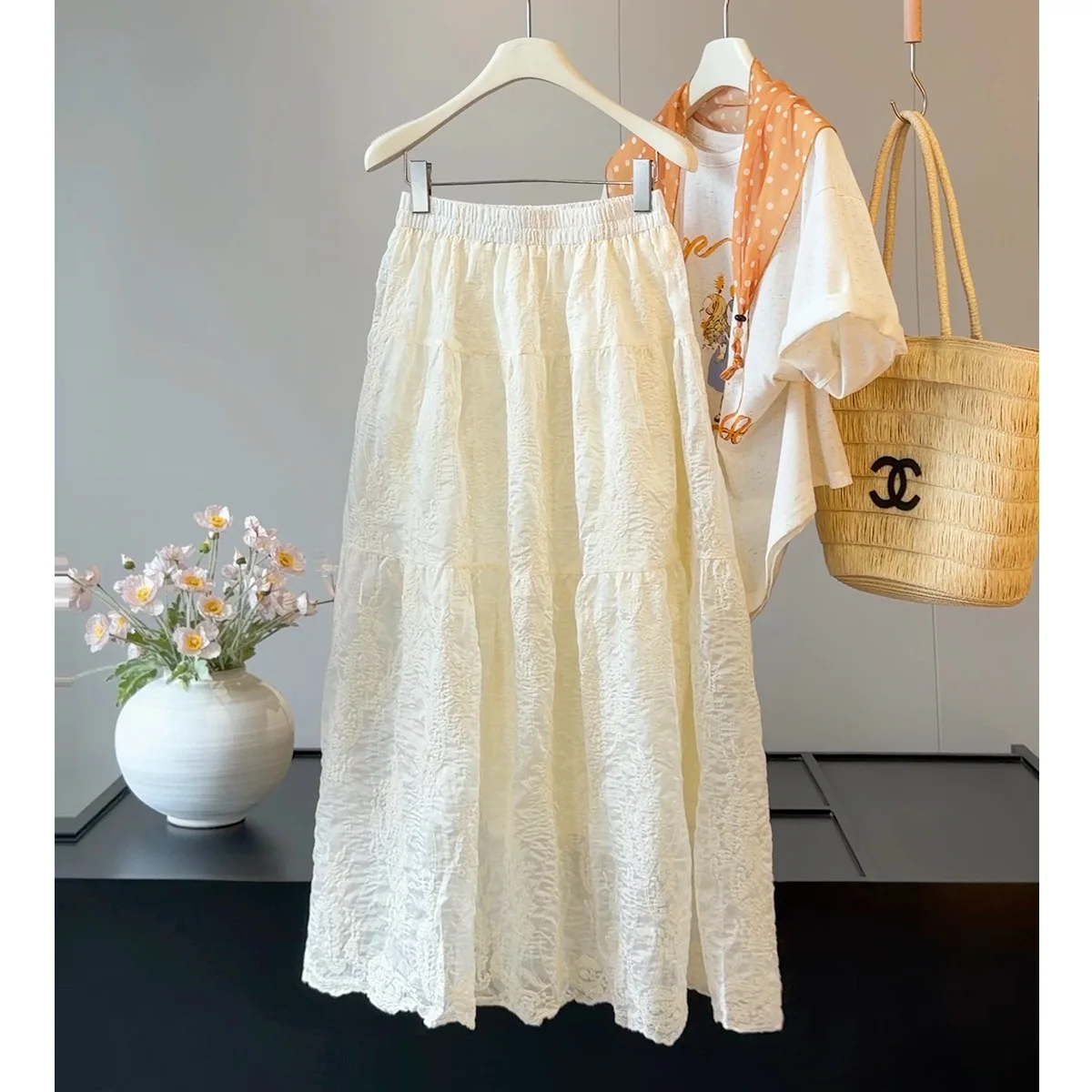 Women Summer Elegant Beige Skirt A-Line Long Skirts Stretch High Waist Maxi Skirts Faldas Femme