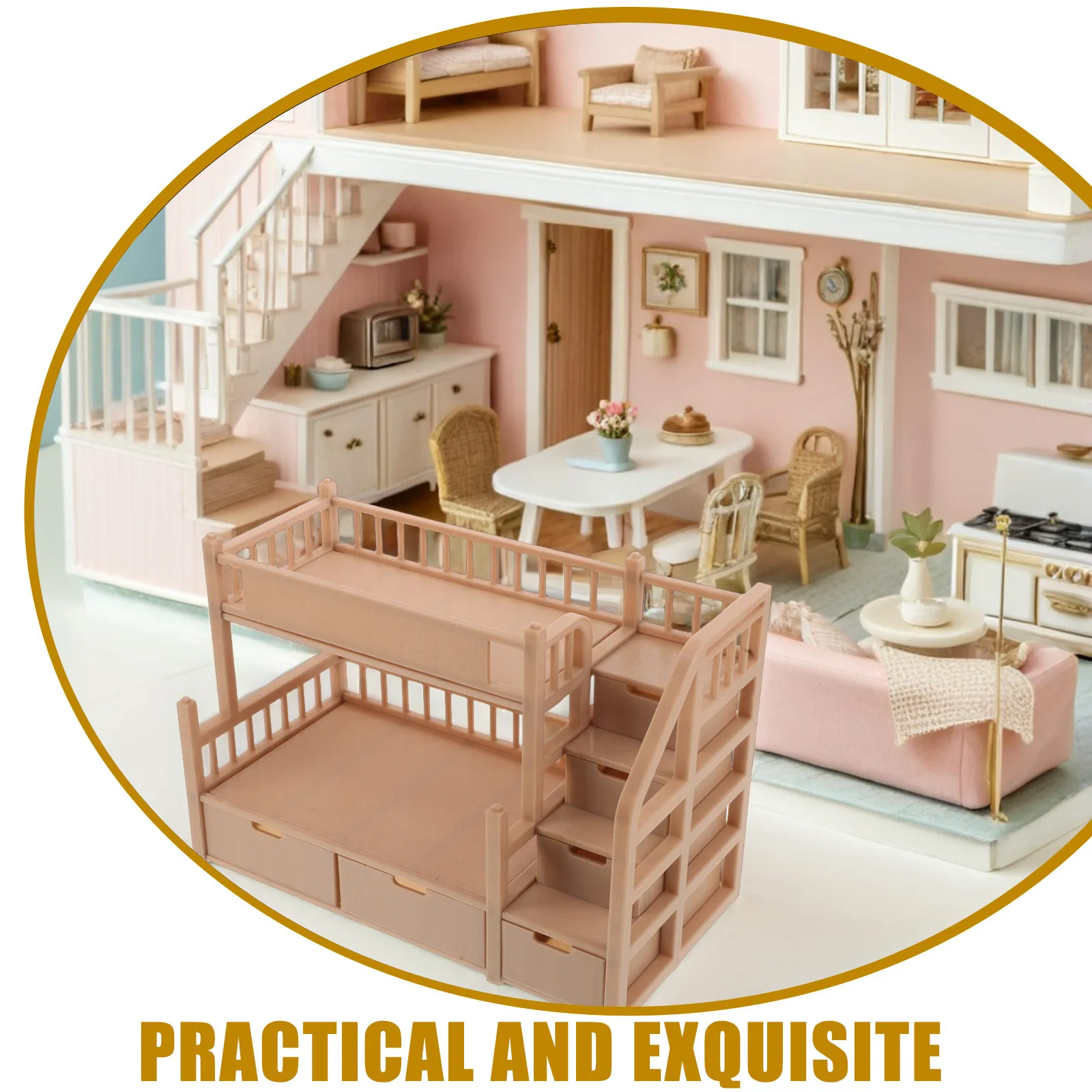 

Реалистичная миниатюрная двухъярусная кровать 18 см с имитацией текстуры дерева, просторный выдвижной ящик под кроватью, мебель для кукольного домика, спальня