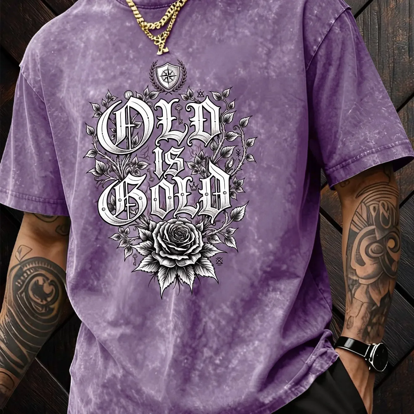 100% cotton summer and spring men's and women's acid washed short sleeved T-shirt, vintage Gothic style OLD IS GILD print