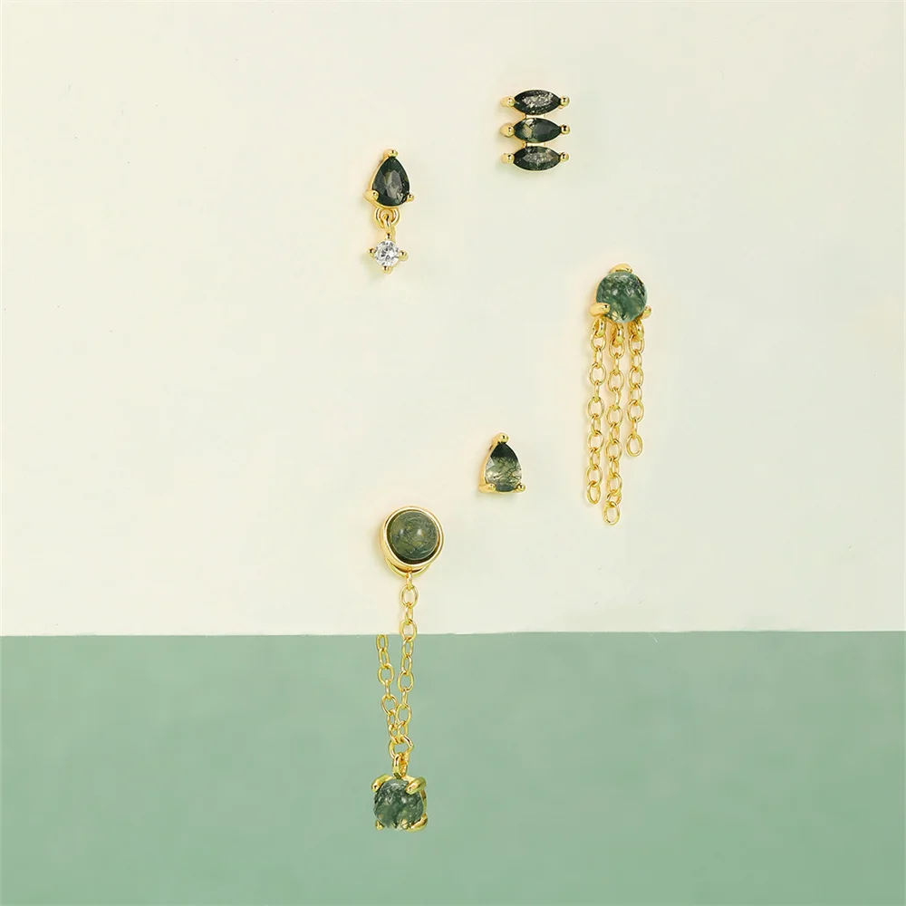 روكسي الطبيعية الطحلب العقيق حجر وأقراط للنساء 925 فضة الذهب/الفضة 1 قطعة شرابة الثقب أقراط مجوهرات #5