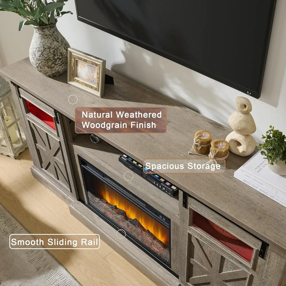 Centro de entretenimiento con chimenea eléctrica para televisores de 80 pulgadas, mesa consola de TV estilo granja de 32 altos