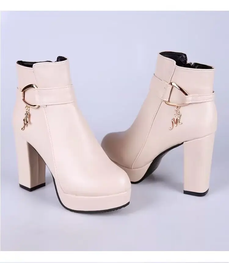 2019 new top quality flock leather boots women high heels platform ankle boots for women round toe autumn winter shoes