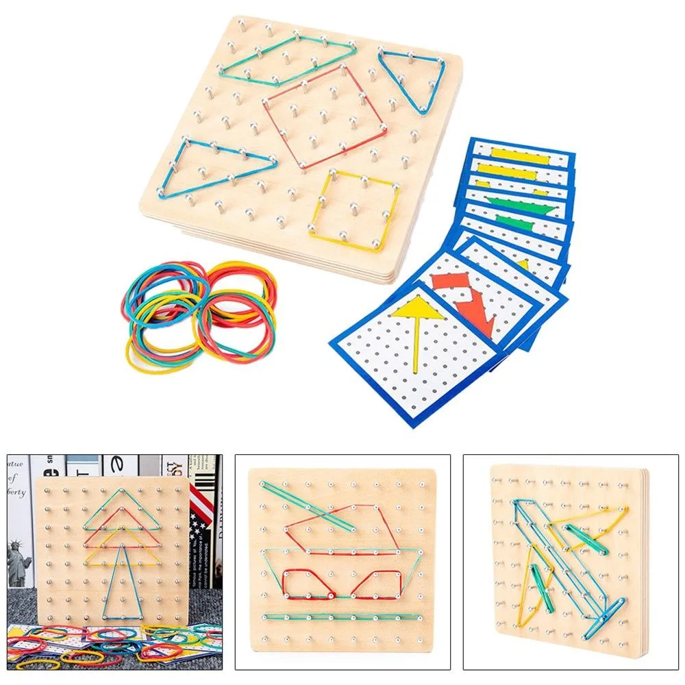 Montessori Wooden Nail Boards Set Geo Board Rubber Bands Graphics Math Pattern Blocks Gifts with Cards Baby Creative Toy