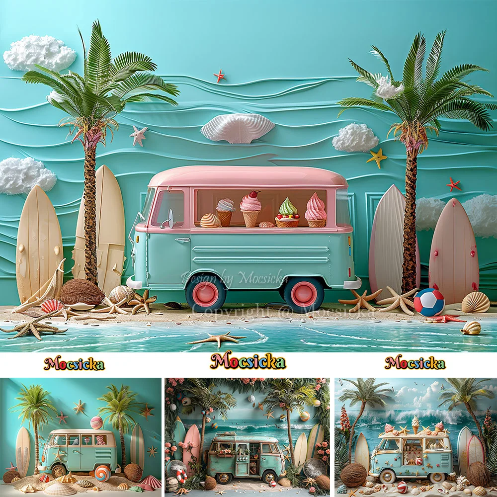 Summer Beach Background Photography Kids Cake Smash Ice Cream Cart Surfboard Coconut Tree Backdrop Holiday Birthday Party Banner