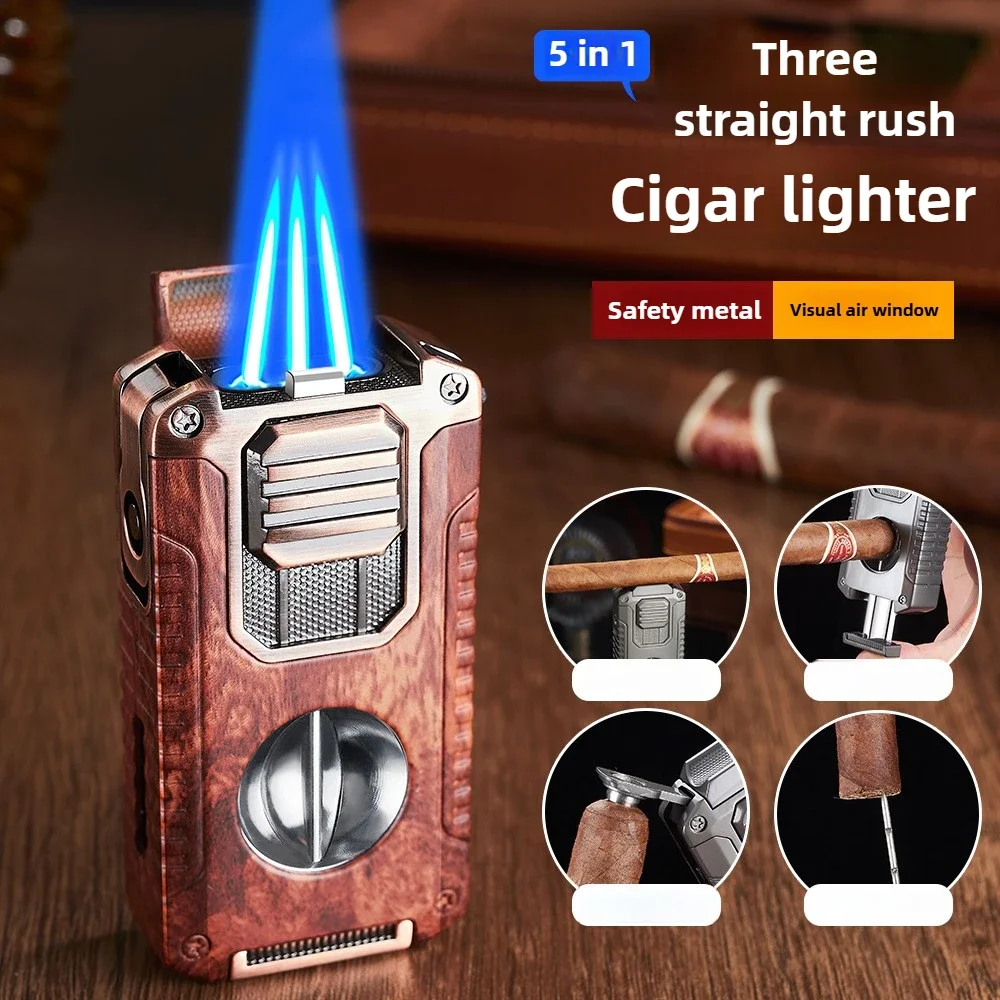 Creative Three-fire Five-in-one Lighter for Cigars. Comes with V-shaped Cigar Cutter. Portable Multifunctional Gas Lighter