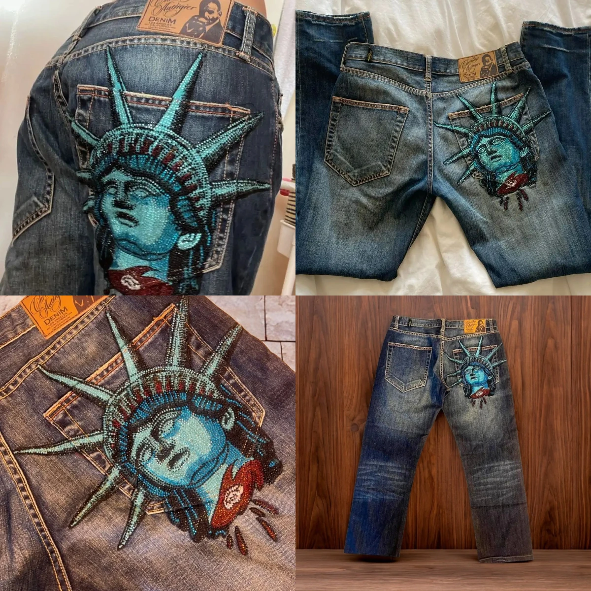 

Harajuku Vintage Statue of liberty Diamonds Jeans Y2k 2000s Casual Denim Pants High Waist Straight Wide Leg Jeans Women Clothing