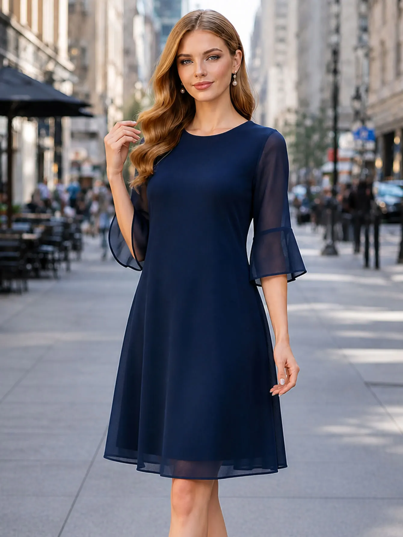 Elegantes Damenkleid in Unifarbe mit O-Ausschnitt, Glockenärmeln, Freizeit-Cocktailkleid, Knielang, A-Linie, Abendkleid – Detail 3