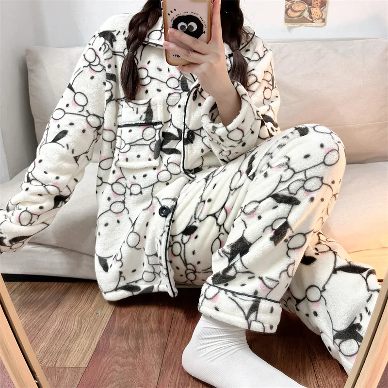 Sanrio Girl Flannel Thickening Cardigan Winter Pajama Set Kawaii Pochacco Comic Leisure Time Keep Warm Go Out Leisure Wear New