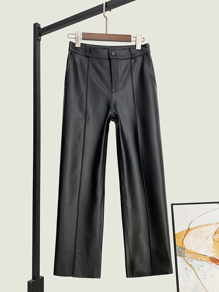 Winter New High Quality Genuine Real Leather Cropped Pants Women's Loose Waist Shorts Fashion All-Matching Straight-Leg Casual