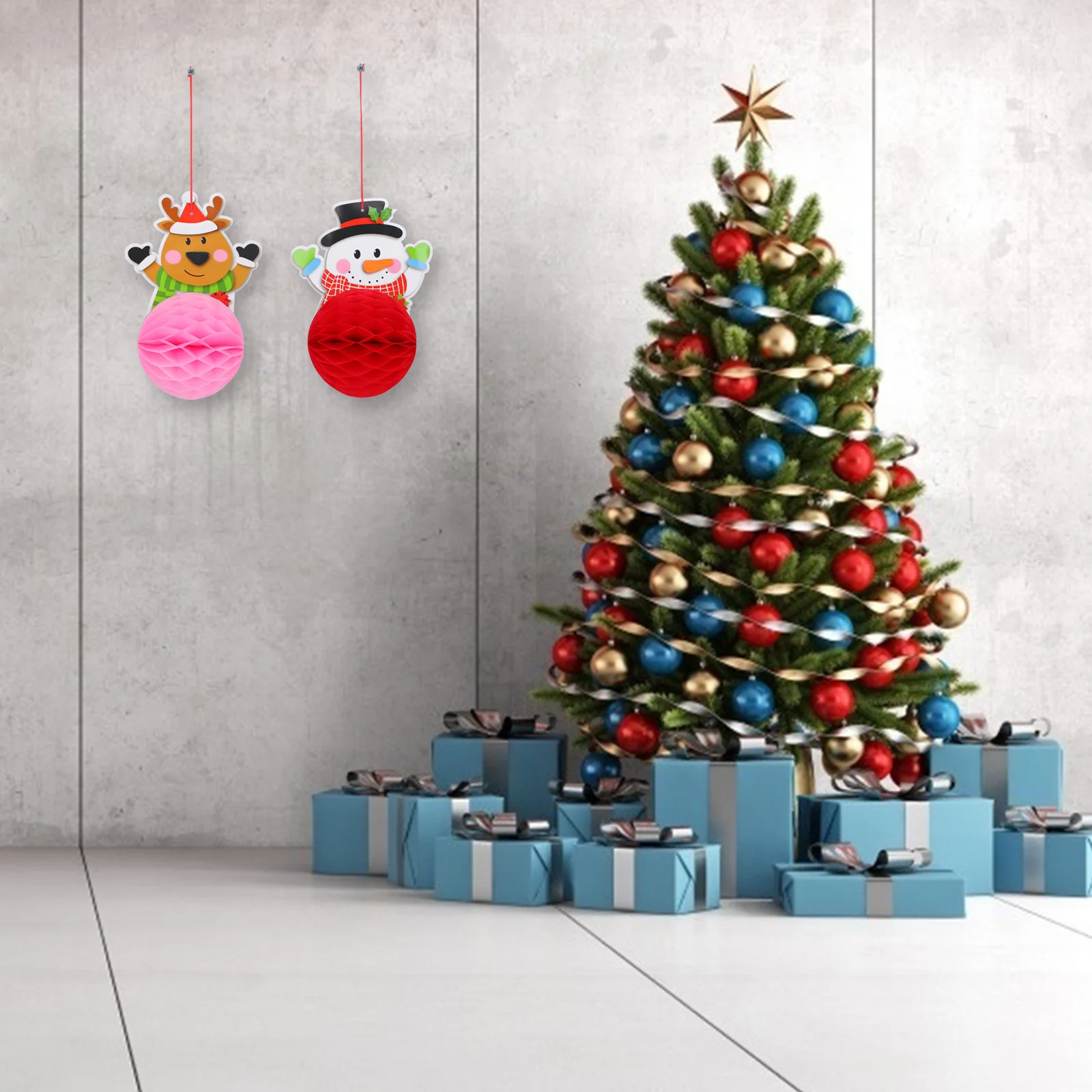 

1Set Xmas Honeycomb Ball Banner Christmas Themed Party Decorations Hanging Flags Deer Snowman Santa Claus Indoor Outdoor