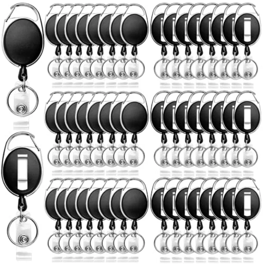 

Pack Heavy-Duty Retractable Badge Holders with Carabiner Clip and Key Ring, Black ID Badge Reel for Office, ID Card Holder and