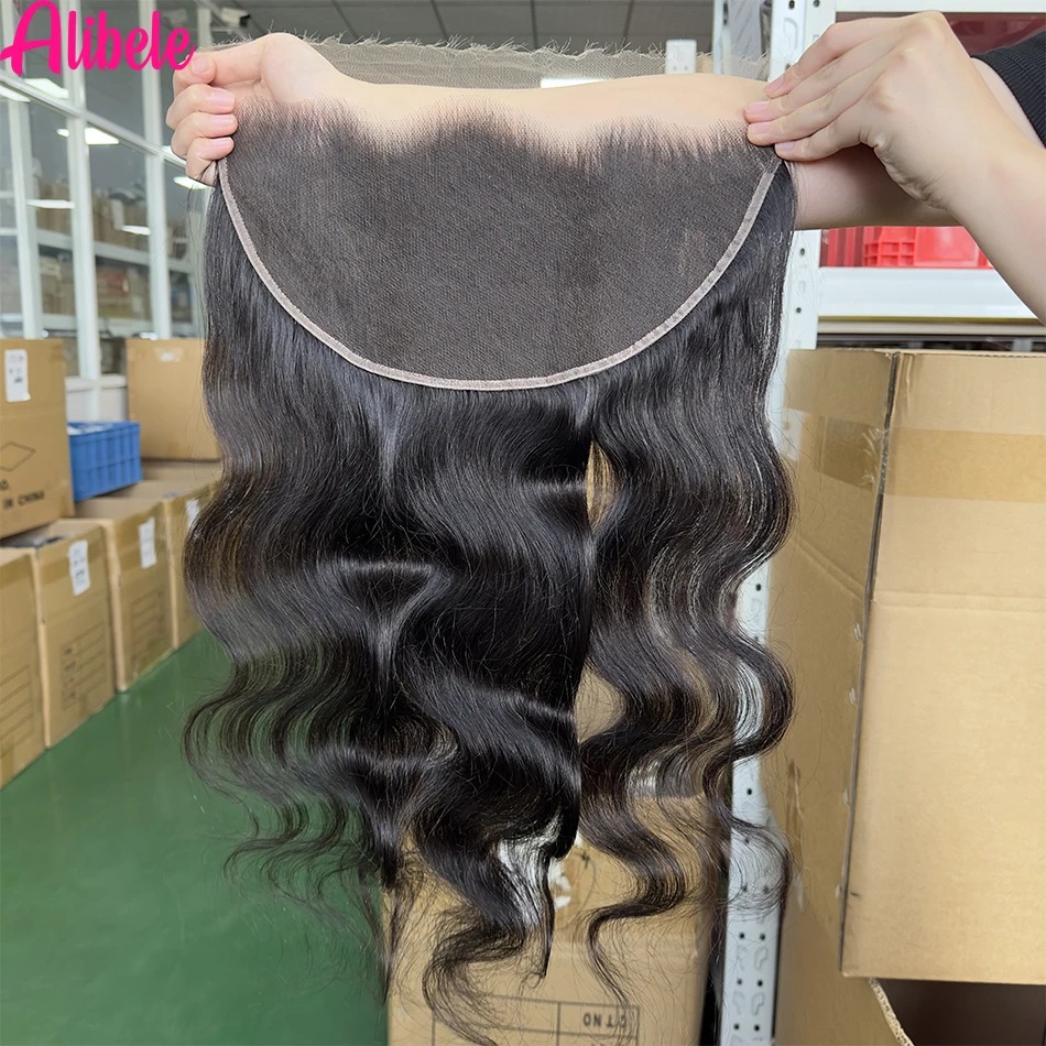 Alibele 13X6 HD Lace Frontal Only Malaysia Body Wave HD Lace Front Closure Pre-Plucked Hairline 150%Density Natural Black 24Inch