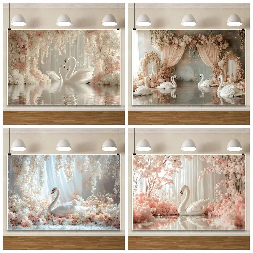

Pink Flowers White Swan Background For Photography Romantic Wedding Decoration Bride Portrait Backdrop Cloth Birthday Photobooth