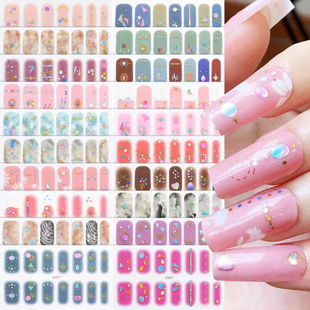 14 punte di cottura senza avvolgimento completo adesivi per smalti per unghie stella/fiore/cuore/blucchiere/strisce per smalti francesi decalcomanie adesive a copertura totale