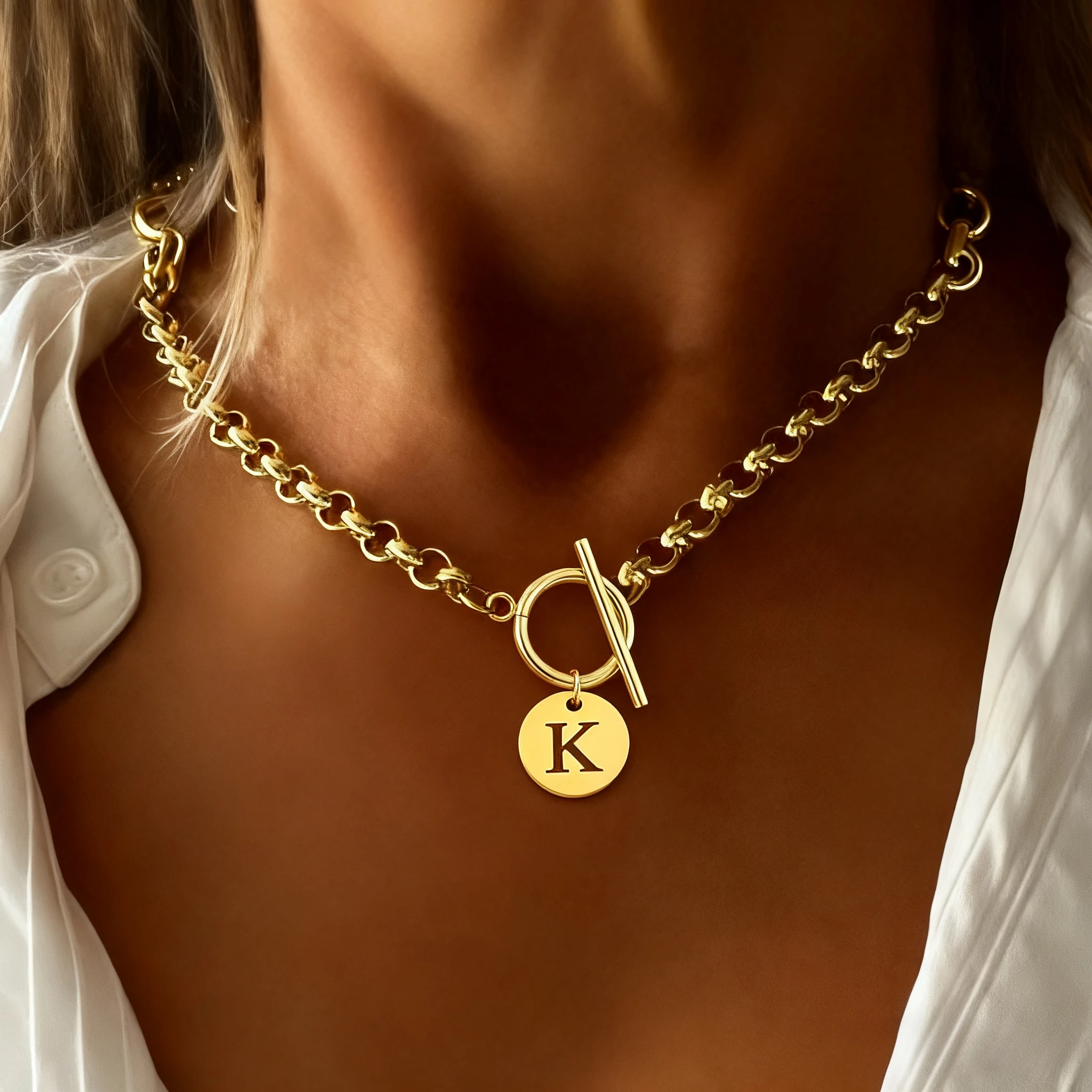 قلادة كلاسيكية مطلية بالذهب مستديرة مجوفة أولية للنساء، مشابك تبديل من الفولاذ المقاوم للصدأ، سلسلة قلادات هدايا عيد الميلاد