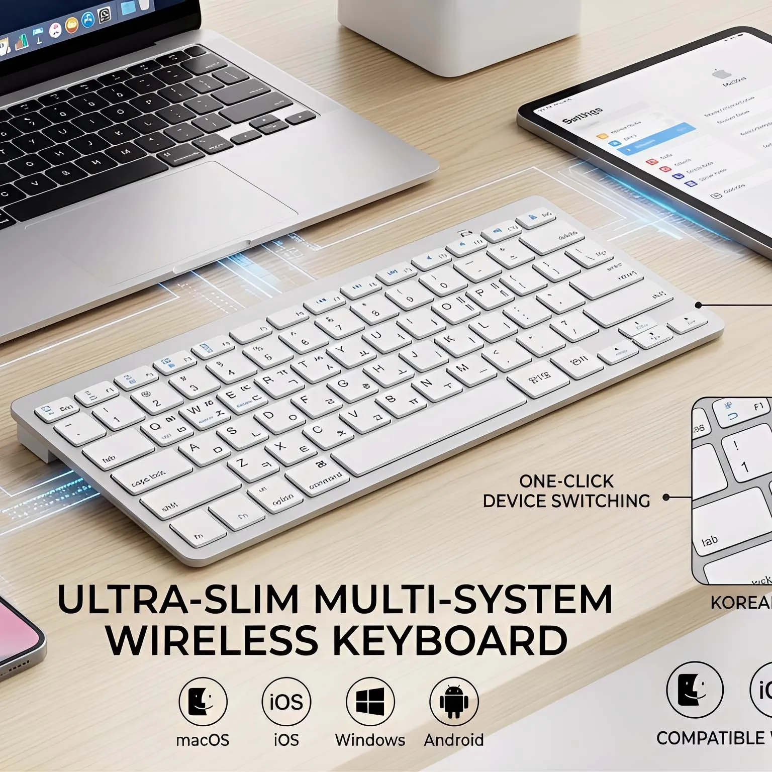 

Korean Language Ultra Thin Lightweight Low Noise Keyboards for Macbook/iPad/iPhone/Laptop/Computer/Surface