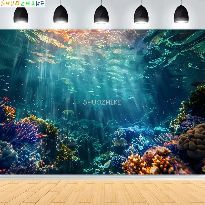 Подводная сцена, демонстрирующий коралловый фон для фотосъемки, солнечный свет, сияющая вода, рыбы, лучи, океанский риф, фотофон OE-05