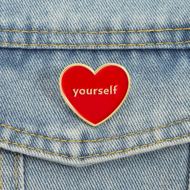Love Yourself Enamel Pins Red Heart Brooches Lapel Badges Cartoon Self Care Awareness Jewelry Gift for Friends