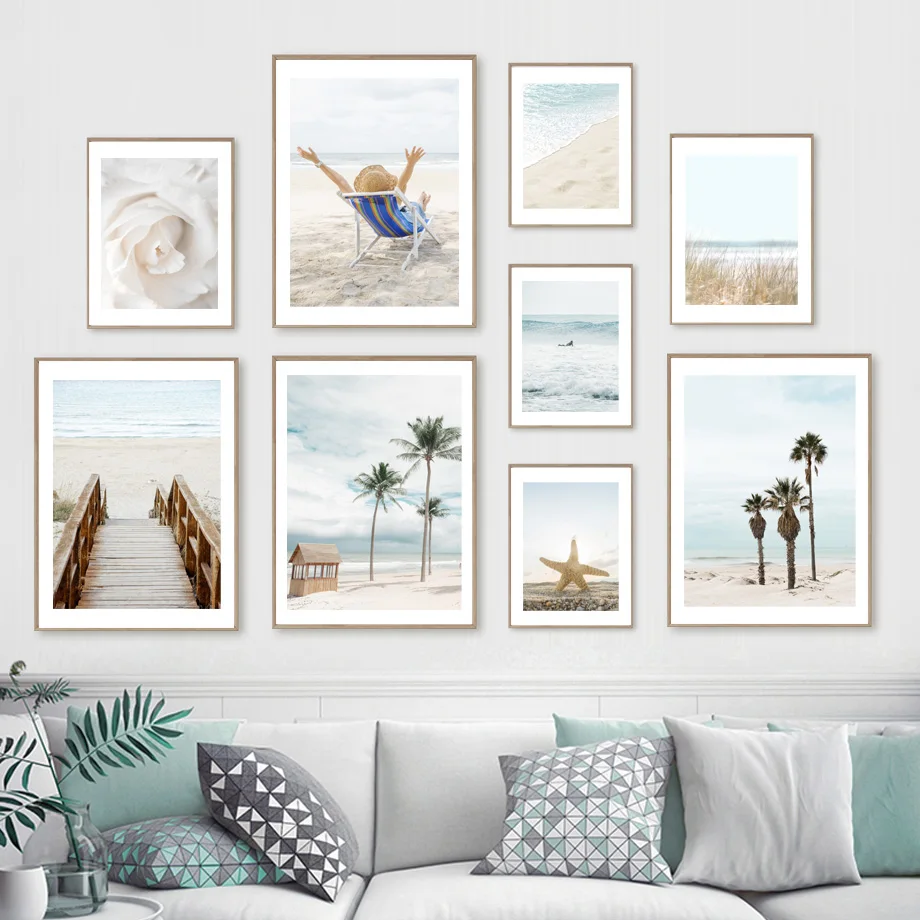 Palm Beach Waves Sunbathing Starfish Weed Flower Wall Art Prints Canvas Painting Nordic Poster Decor Pictures For Living Room