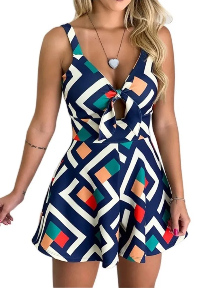 Women Fashion Print Shorts Jumpsuit New Summer V-neck Beach Rompers Sleeveless Bodycon Sexy Spaghetti Strap Party Playsuit