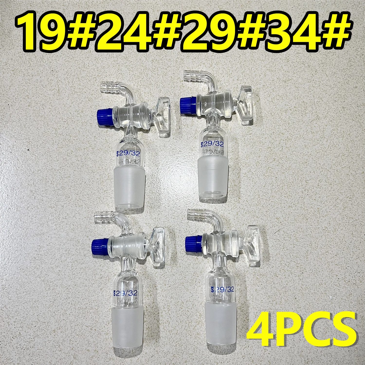 4 pieces glass piston air extraction joint 19#/24#/29#/34# laboratory two-way elbow pipe plug air guide tube