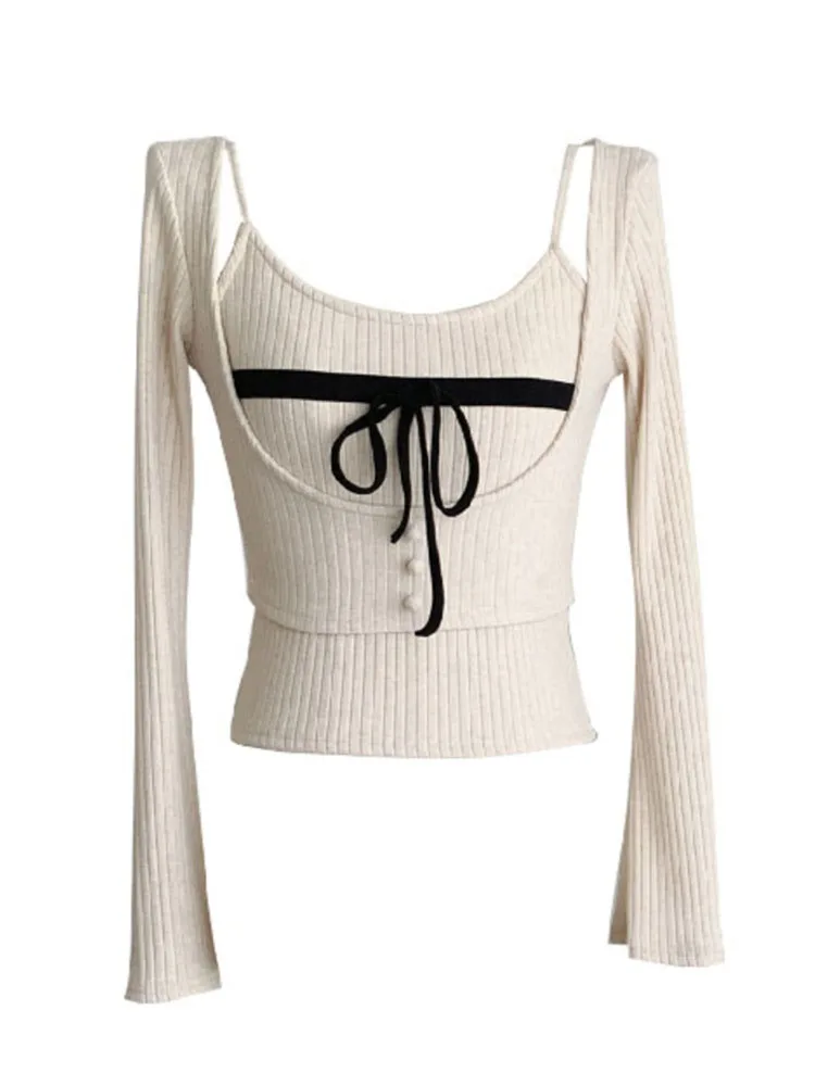 Jesień Zima Kobieta Koreańska Moda Coquette Dwuczęściowe Zestawy Przycięte Sweter Pullovers Tops Jumper Design Gyaru Knitwears 2000s Tide