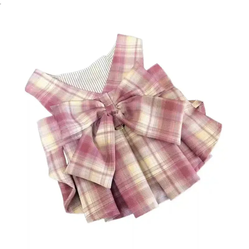 Dog Summer Medium To Large Pet Clothing Checkered Strappy Dress with Leash Buckle