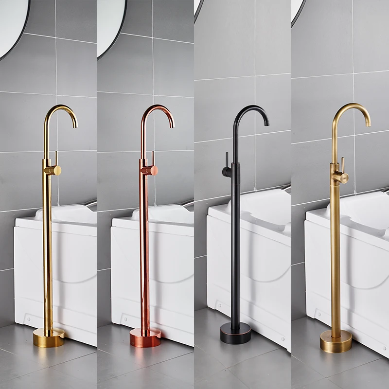 All copper cold and hot floor mounted bathtub faucet, vertical independent wooden bucket column, basin wall connected shower set