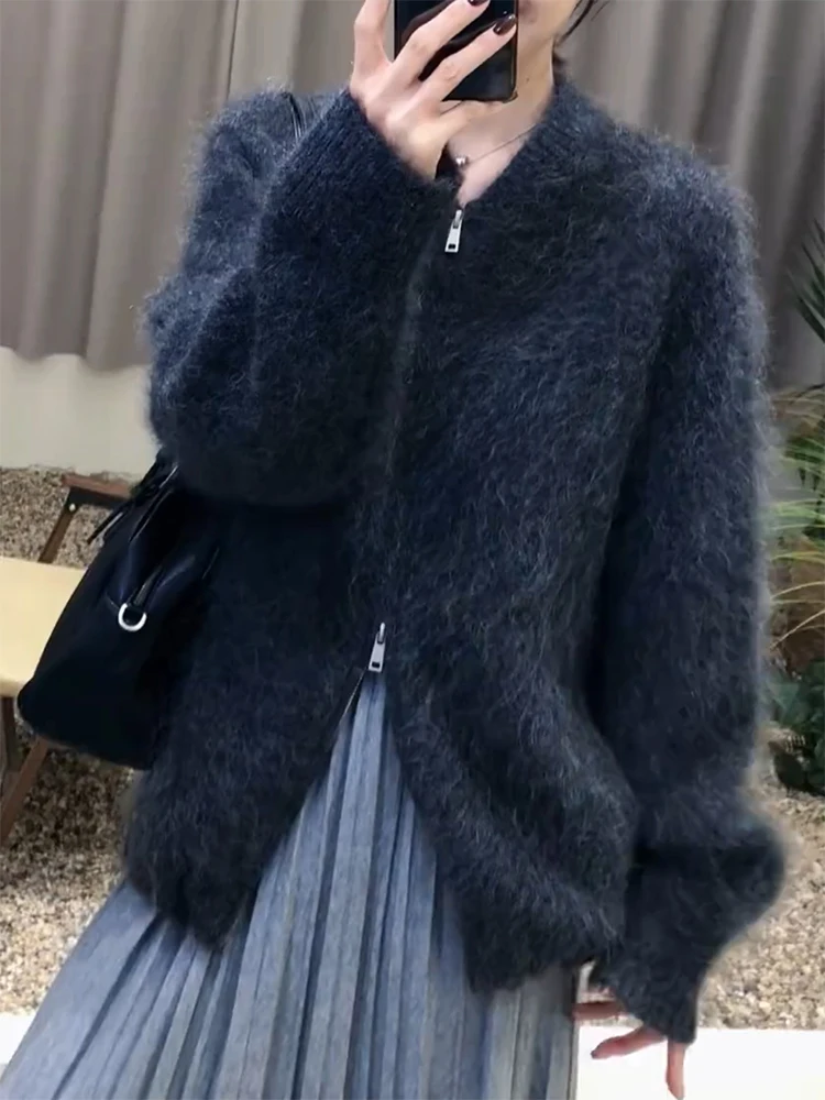 

Корейский мягкий вязаный кардиган на молнии, осенне-зимний, больших размеров, элегантный, стройнящий, женский повседневный жакет