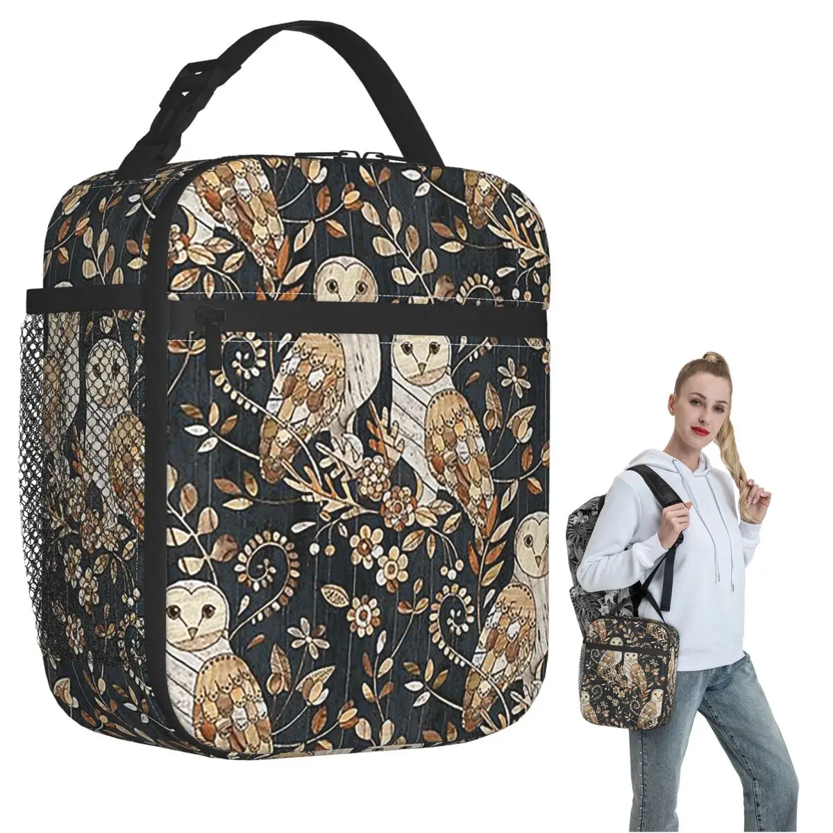 Wooden Wonderland Barn Owl Collag Insulated Lunch Bag for Women Children Leakproof Food Boxes Thermal Lunch Box Tote