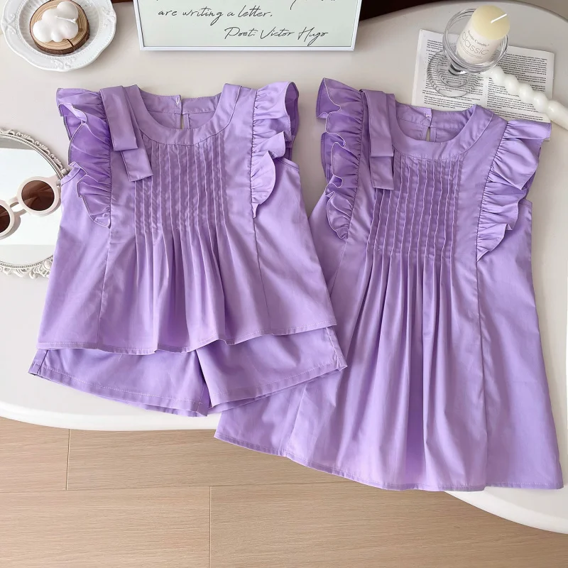 

Girls' Summer Outfit New Ruffled Sleeveless Shirt+Shorts Set Girl Baby Dress