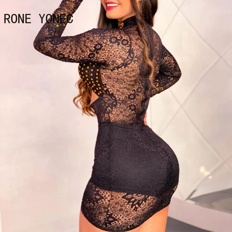 Feminino renda sólida strass decoração oco para fora colheita bodycon mini vestido sexy conjunto