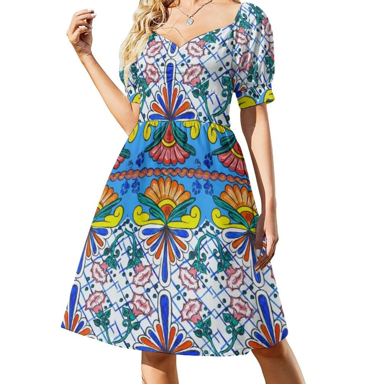 لوحة تالافيرا الملونة جيمسونوييد زهرة المكسيكي الكورية نمط فستان كاجوال للنساء فساتين مكتب سيدة يومية بسيطة