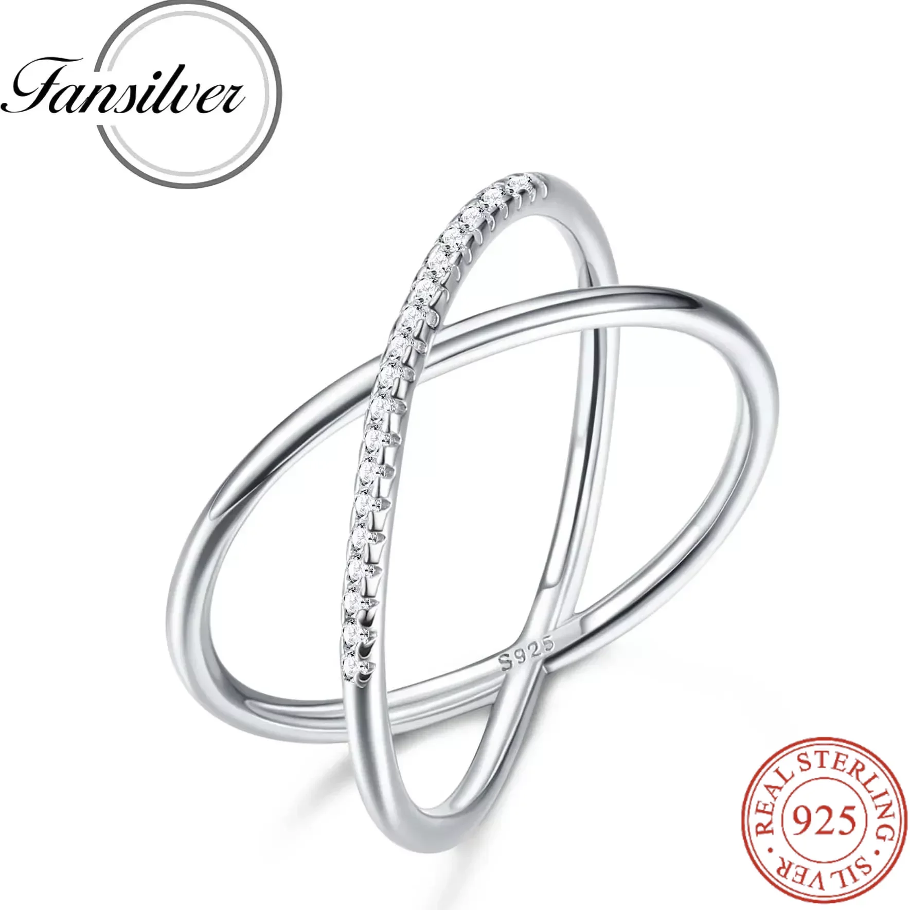 Fansilver 925 Sterling Silver X Rings for Women Men 18K White Gold Plated Ring with CZ Open Circle Stackable Wedding Bands Rings