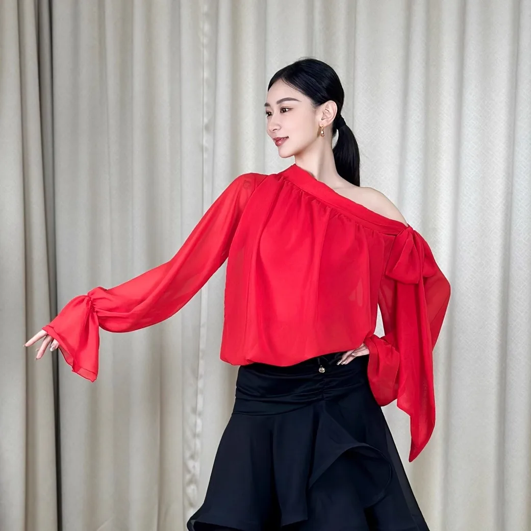 2025 Schuine Schouder Mesh Top Moderne Dans Kleding Voor Vrouwen Latin Wals Ballroom Dans Volwassen Praktijk Kostuums Dragen DN22299
