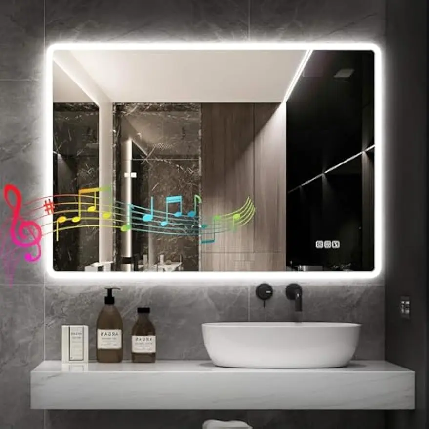 

24x32 Inch LED Bathroom Mirror with Lights, Bluetooth Speaker, Anti-Fog, Dimmable Brightness, Waterproof Tempered Glass