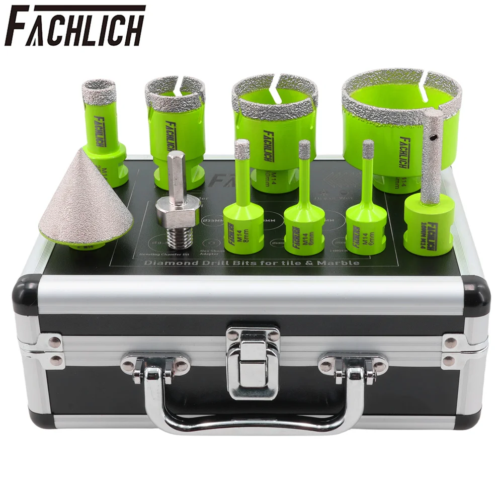 

FACHLICH 10pcs Drilling Bits With Aluminum Box 6+6+8+20+35+50+68+HEX 10mm Diamond Finger Bit+50mm Chamfer Kit M14 Marble Granite